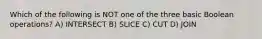 Which of the following is NOT one of the three basic Boolean operations? A) INTERSECT B) SLICE C) CUT D) JOIN