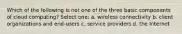 Which of the following is not one of the three basic components of cloud computing? Select one: a. wireless connectivity b. client organizations and end-users c. service providers d. the Internet