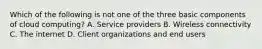 Which of the following is not one of the three basic components of cloud computing? A. Service providers B. Wireless connectivity C. The internet D. Client organizations and end users