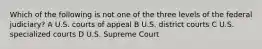 Which of the following is not one of the three levels of the federal judiciary? A U.S. courts of appeal B U.S. district courts C U.S. specialized courts D U.S. Supreme Court