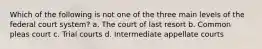 Which of the following is not one of the three main levels of the federal court system? a. The court of last resort b. Common pleas court c. Trial courts d. Intermediate appellate courts