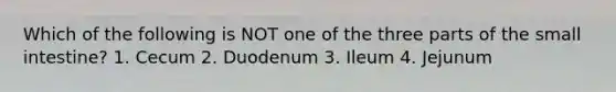 Which of the following is NOT one of the three parts of the small intestine? 1. Cecum 2. Duodenum 3. Ileum 4. Jejunum