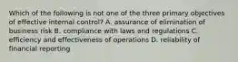 Which of the following is not one of the three primary objectives of effective internal control? A. assurance of elimination of business risk B. compliance with laws and regulations C. efficiency and effectiveness of operations D. reliability of financial reporting