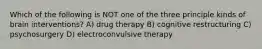 Which of the following is NOT one of the three principle kinds of brain interventions? A) drug therapy B) cognitive restructuring C) psychosurgery D) electroconvulsive therapy