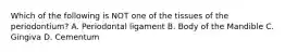 Which of the following is NOT one of the tissues of the periodontium? A. Periodontal ligament B. Body of the Mandible C. Gingiva D. Cementum