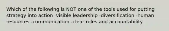 Which of the following is NOT one of the tools used for putting strategy into action -visible leadership -diversification -human resources -communication -clear roles and accountability