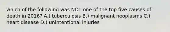 which of the following was NOT one of the top five causes of death in 2016? A.) tuberculosis B.) malignant neoplasms C.) heart disease D.) unintentional injuries