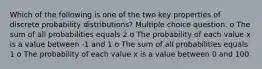 Which of the following is one of the two key properties of discrete probability distributions? Multiple choice question. o The sum of all probabilities equals 2 o The probability of each value x is a value between -1 and 1 o The sum of all probabilities equals 1 o The probability of each value x is a value between 0 and 100