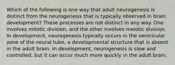 Which of the following is one way that adult neurogenesis is distinct from the neurogenesis that is typically observed in brain development? These processes are not distinct in any way. One involves mitotic division, and the other involves meiotic division. In development, neurogenesis typically occurs in the ventricular zone of the neural tube, a developmental structure that is absent in the adult brain. In development, neurogenesis is slow and controlled, but it can occur much more quickly in the adult brain.