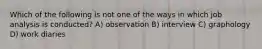 Which of the following is not one of the ways in which job analysis is conducted? A) observation B) interview C) graphology D) work diaries