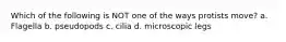 Which of the following is NOT one of the ways protists move? a. Flagella b. pseudopods c. cilia d. microscopic legs
