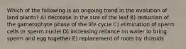 Which of the following is an ongoing trend in the evolution of land plants? A) decrease in the size of the leaf B) reduction of the gametophyte phase of the life cycle C) elimination of sperm cells or sperm nuclei D) increasing reliance on water to bring sperm and egg together E) replacement of roots by rhizoids