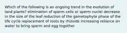 Which of the following is an ongoing trend in the evolution of land plants? elimination of sperm cells or sperm nuclei decrease in the size of the leaf reduction of the gametophyte phase of the life cycle replacement of roots by rhizoids increasing reliance on water to bring sperm and egg together