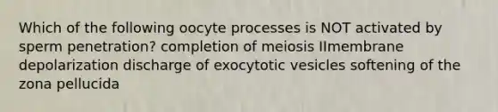 Which of the following oocyte processes is NOT activated by sperm penetration? completion of meiosis IImembrane depolarization discharge of exocytotic vesicles softening of the zona pellucida