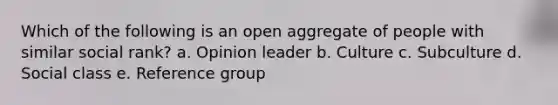 Which of the following is an open aggregate of people with similar social rank? a. Opinion leader b. Culture c. Subculture d. Social class e. Reference group