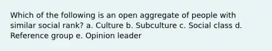 Which of the following is an open aggregate of people with similar social rank? a. Culture b. Subculture c. Social class d. Reference group e. Opinion leader