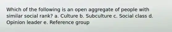 Which of the following is an open aggregate of people with similar social rank? a. Culture b. Subculture c. Social class d. Opinion leader e. Reference group