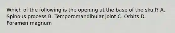 Which of the following is the opening at the base of the​ skull? A. Spinous process B. Temporomandibular joint C. Orbits D. Foramen magnum