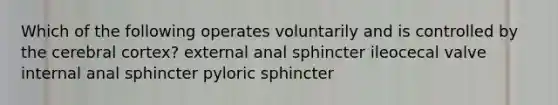 Which of the following operates voluntarily and is controlled by the cerebral cortex? external anal sphincter ileocecal valve internal anal sphincter pyloric sphincter