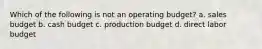 Which of the following is not an operating budget? a. sales budget b. cash budget c. production budget d. direct labor budget