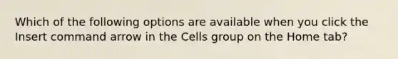 Which of the following options are available when you click the Insert command arrow in the Cells group on the Home tab?