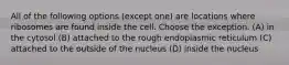 All of the following options (except one) are locations where ribosomes are found inside the cell. Choose the exception. (A) in the cytosol (B) attached to the rough endoplasmic reticulum (C) attached to the outside of the nucleus (D) inside the nucleus