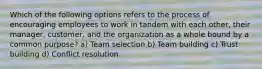 Which of the following options refers to the process of encouraging employees to work in tandem with each other, their manager, customer, and the organization as a whole bound by a common purpose? a) Team selection b) Team building c) Trust building d) Conflict resolution