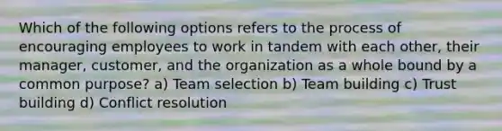 Which of the following options refers to the process of encouraging employees to work in tandem with each other, their manager, customer, and the organization as a whole bound by a common purpose? a) Team selection b) <a href='https://www.questionai.com/knowledge/k9shjxM4lP-team-building' class='anchor-knowledge'>team building</a> c) Trust building d) Conflict resolution