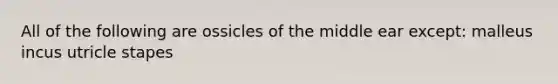 All of the following are ossicles of the middle ear except: malleus incus utricle stapes