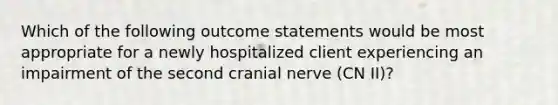 Which of the following outcome statements would be most appropriate for a newly hospitalized client experiencing an impairment of the second cranial nerve (CN II)?