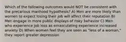 Which of the following outcomes would NOT be consistent with the precarious manhood hypothesis? A) Men are more likely than women to expect losing their job will affect their reputation B) Men engage in more public displays of risky behavior C) Men who experience job loss as emasculating experience increased anxiety D) When women feel they are seen as "less of a woman," they report greater depression