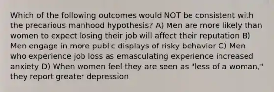 Which of the following outcomes would NOT be consistent with the precarious manhood hypothesis? A) Men are more likely than women to expect losing their job will affect their reputation B) Men engage in more public displays of risky behavior C) Men who experience job loss as emasculating experience increased anxiety D) When women feel they are seen as "less of a woman," they report greater depression