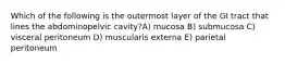 Which of the following is the outermost layer of the GI tract that lines the abdominopelvic cavity?A) mucosa B) submucosa C) visceral peritoneum D) muscularis externa E) parietal peritoneum