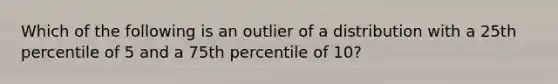 Which of the following is an outlier of a distribution with a 25th percentile of 5 and a 75th percentile of 10?