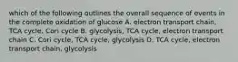 which of the following outlines the overall sequence of events in the complete oxidation of glucose A. electron transport chain, TCA cycle, Cori cycle B. glycolysis, TCA cycle, electron transport chain C. Cori cycle, TCA cycle, glycolysis D. TCA cycle, electron transport chain, glycolysis