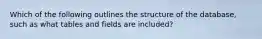 Which of the following outlines the structure of the database, such as what tables and fields are included?
