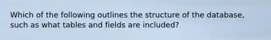 Which of the following outlines the structure of the database, such as what tables and fields are included?