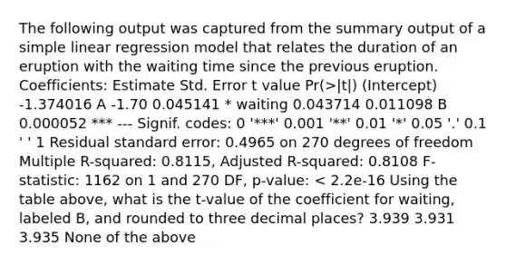 The following output was captured from the summary output of a simple linear regression model that relates the duration of an eruption with the waiting time since the previous eruption. Coefficients: Estimate Std. Error t value Pr(>|t|) (Intercept) -1.374016 A -1.70 0.045141 * waiting 0.043714 0.011098 B 0.000052 *** --- Signif. codes: 0 '***' 0.001 '**' 0.01 '*' 0.05 '.' 0.1 ' ' 1 Residual standard error: 0.4965 on 270 degrees of freedom Multiple R-squared: 0.8115, Adjusted R-squared: 0.8108 F-statistic: 1162 on 1 and 270 DF, p-value: < 2.2e-16 Using the table above, what is the t-value of the coefficient for waiting, labeled B, and rounded to three decimal places? 3.939 3.931 3.935 None of the above