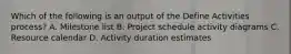 Which of the following is an output of the Define Activities process? A. Milestone list B. Project schedule activity diagrams C. Resource calendar D. Activity duration estimates