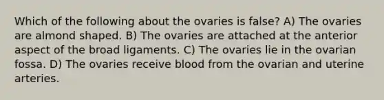 Which of the following about the ovaries is false? A) The ovaries are almond shaped. B) The ovaries are attached at the anterior aspect of the broad ligaments. C) The ovaries lie in the ovarian fossa. D) The ovaries receive blood from the ovarian and uterine arteries.