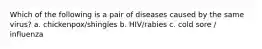 Which of the following is a pair of diseases caused by the same virus? a. chickenpox/shingles b. HIV/rabies c. cold sore / influenza