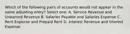 Which of the following pairs of accounts would not appear in the same adjusting entry? Select one: A. Service Revenue and Unearned Revenue B. Salaries Payable and Salaries Expense C. Rent Expense and Prepaid Rent D. Interest Revenue and Interest Expense