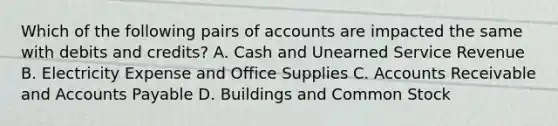 Which of the following pairs of accounts are impacted the same with debits and credits? A. Cash and Unearned Service Revenue B. Electricity Expense and Office Supplies C. Accounts Receivable and <a href='https://www.questionai.com/knowledge/kWc3IVgYEK-accounts-payable' class='anchor-knowledge'>accounts payable</a> D. Buildings and Common Stock