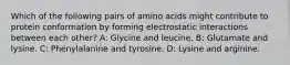 Which of the following pairs of amino acids might contribute to protein conformation by forming electrostatic interactions between each other? A: Glycine and leucine. B: Glutamate and lysine. C: Phenylalanine and tyrosine. D: Lysine and arginine.