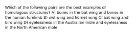 Which of the following pairs are the best examples of homologous structures? A) bones in the bat wing and bones in the human forelimb B) owl wing and hornet wing C) bat wing and bird wing D) eyelessness in the Australian mole and eyelessness in the North American mole