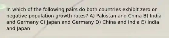 In which of the following pairs do both countries exhibit zero or negative population growth rates? A) Pakistan and China B) India and Germany C) Japan and Germany D) China and India E) India and Japan