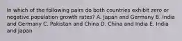 In which of the following pairs do both countries exhibit zero or negative population growth rates? A. Japan and Germany B. India and Germany C. Pakistan and China D. China and India E. India and Japan