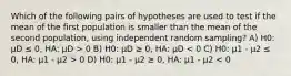 Which of the following pairs of hypotheses are used to test if the mean of the first population is smaller than the mean of the second population, using independent random sampling? A) H0: µD ≤ 0, HA: µD > 0 B) H0: µD ≥ 0, HA: µD 0 D) H0: µ1 - µ2 ≥ 0, HA: µ1 - µ2 < 0