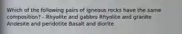 Which of the following pairs of igneous rocks have the same composition? - Rhyolite and gabbro Rhyolite and granite Andesite and peridotite Basalt and diorite