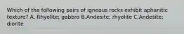 Which of the following pairs of igneous rocks exhibit aphanitic texture? A. Rhyolite; gabbro B.Andesite; rhyolite C.Andesite; diorite